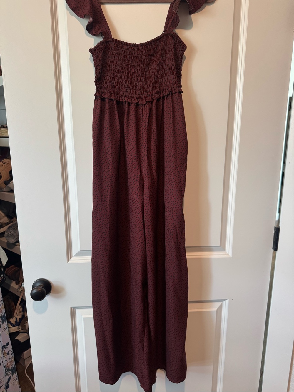 Francesca's Collections Burgundy Smocked Jumpsuit with Ruffle Straps